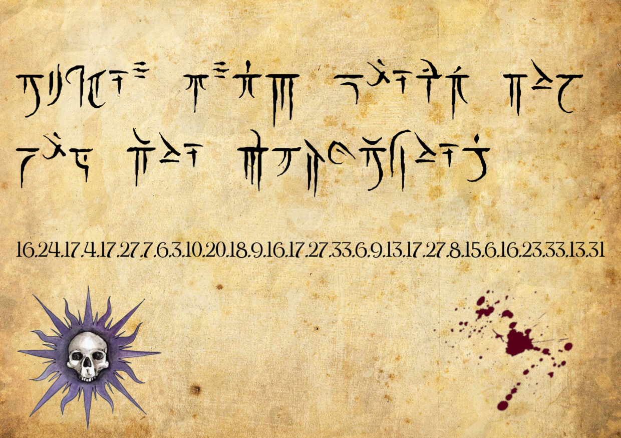 Ein altes Papier mit Blutspritzer. Oben steht etwas in einer unbekannten Schrift. Darunter sind zahlen abgebildet: 16.24.17.4.17.27.7.6.3.10.20.18.9.16.17.27.33.6.9.13.17.27.8.15.6.16.23.33.13.31 Unten links befindet sich ein Symbol mit einem weissen Schädel auf violetter Sonne.