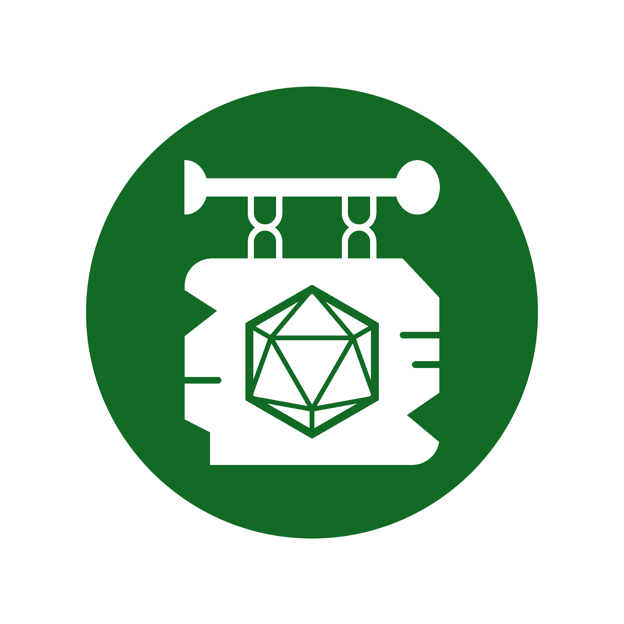 Logo: Weisses Tavernenschild mit einem D20 darauf abgebildet, auf rundem grünen hintergrund.